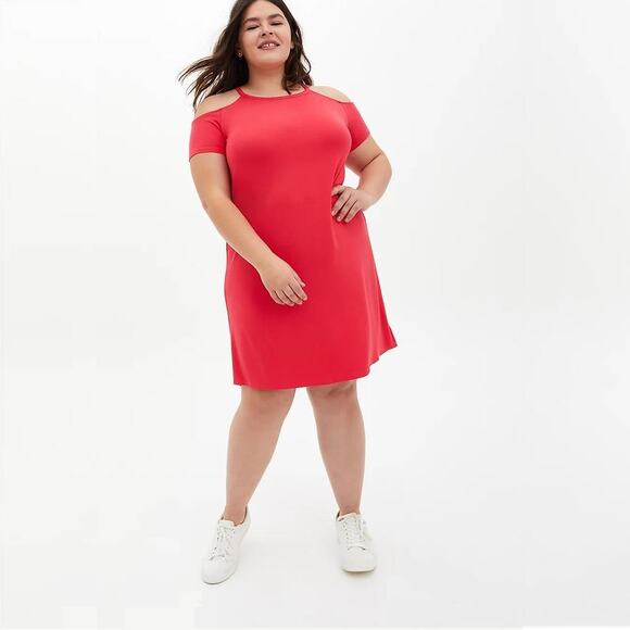 2/$30 Torrid Super Soft Bright Berry Cold Shoulder T-Shirt Mini Dress 1X #5455 - Picture 3 of 13